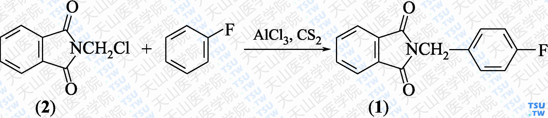 <i>N</i>-（4-氟苯甲基）邻苯二甲酰亚胺（分子式：C<sub>15</sub>H<sub>10</sub>FNO<sub>2</sub>）的合成方法路线及其结构式