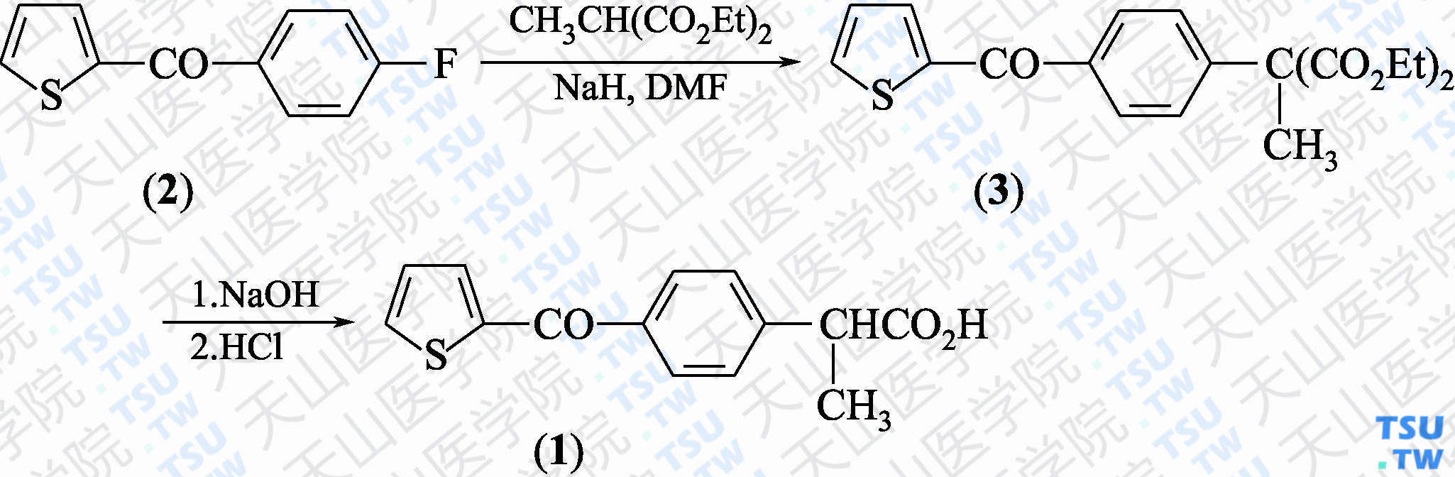 噻布洛芬（分子式：C<sub>14</sub>H<sub>12</sub>O<sub>3</sub>S）的合成方法路线及其结构式