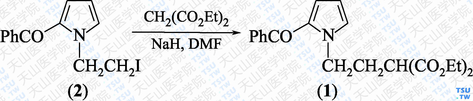 2-苯甲酰基-（3，3-二乙氧羰基）丙基吡咯（分子式：C<sub>20</sub>H<sub>23</sub>NO<sub>5</sub>）的合成方法路线及其结构式