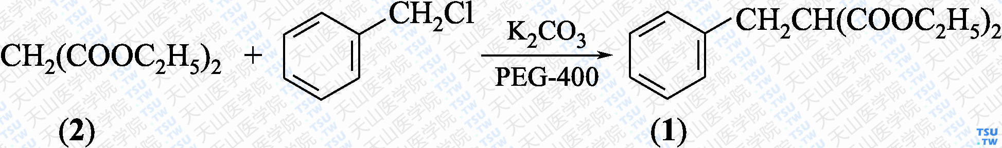 苄基丙二酸二乙酯（分子式：C<sub>14</sub>H<sub>18</sub>O<sub>4</sub>）的合成方法路线及其结构式