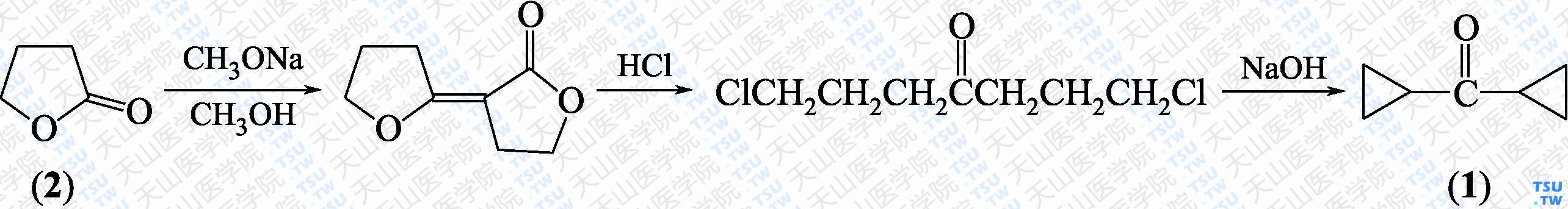 双环丙基甲酮（分子式：C<sub>7</sub>H<sub>10</sub>O）的合成方法路线及其结构式