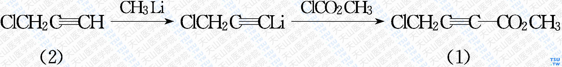 4-氯-2-丁炔酸甲酯（分子式：C<sub>5</sub>H<sub>5</sub>ClO<sub>2</sub>）的合成方法路线及其结构式