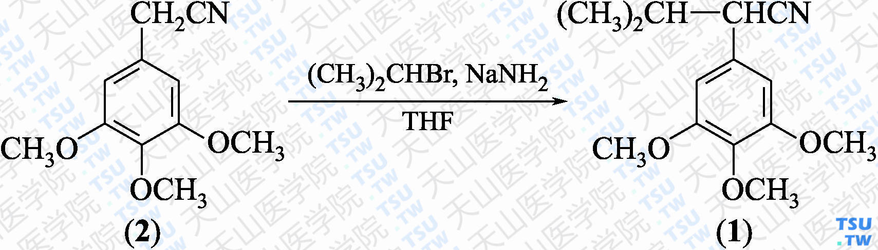 3-甲基-2-（3，4，5-三甲氧基苯基）丁腈（分子式：C<sub>14</sub>H<sub>19</sub>NO<sub>3</sub>）的合成方法路线及其结构式