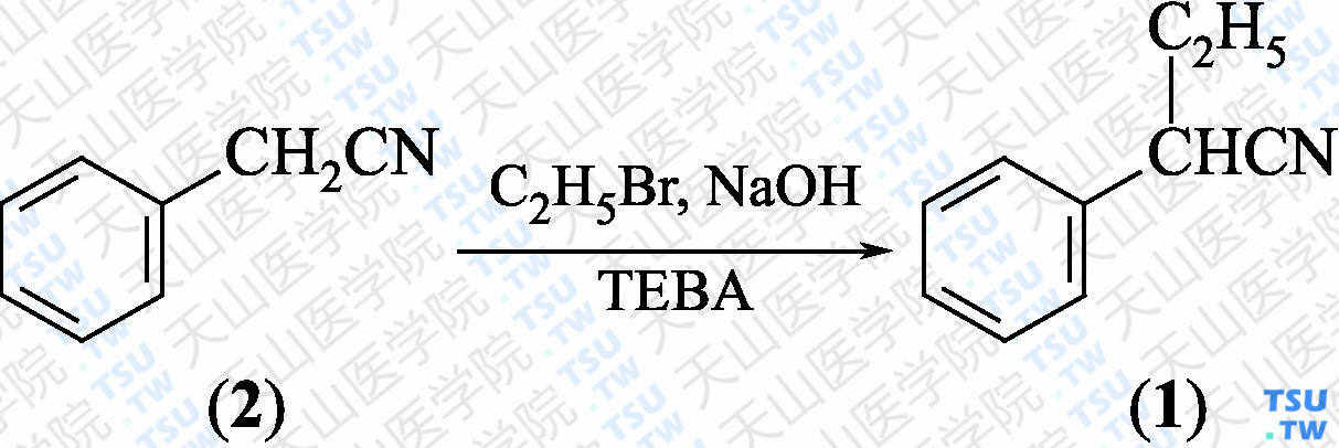 2-苯基丁腈（分子式：C<sub>10</sub>H<sub>11</sub>N）的合成方法路线及其结构式