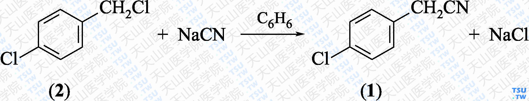 4-氯苯乙腈（分子式：C<sub>8</sub>H<sub>6</sub>ClN）的合成方法路线及其结构式