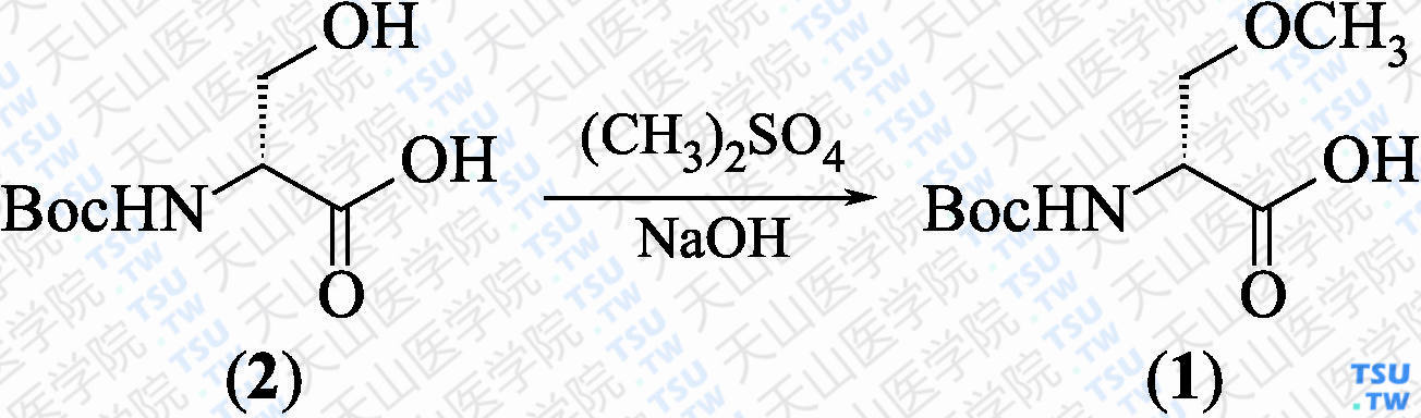 （<i>R</i>）-2-叔丁氧羰基-3-甲氧基丙酸（分子式：C<sub>9</sub>H<sub>17</sub>NO<sub>5</sub>）的合成方法路线及其结构式