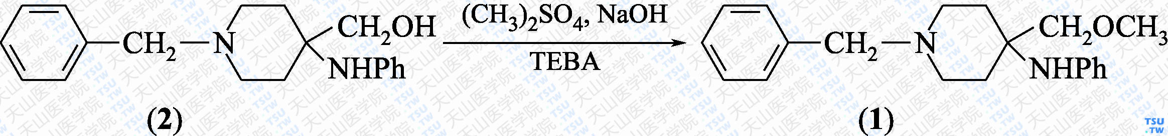 <i>N</i>-（1-苄基-4-甲氧甲基-4-哌啶基）苯胺（分子式：C<sub>20</sub>H<sub>26</sub>N<sub>2</sub>O）的合成方法路线及其结构式