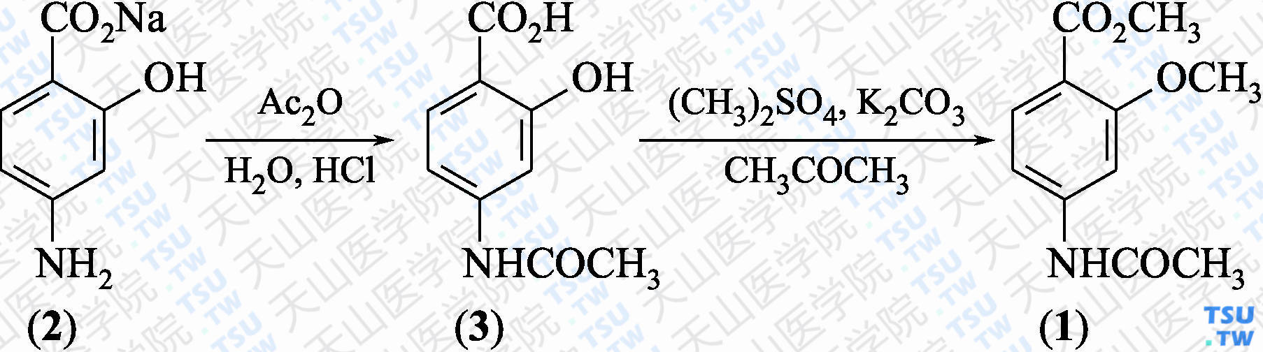 2-甲氧基-4-乙酰氨基苯甲酸甲酯（分子式：C<sub>11</sub>H<sub>13</sub>NO<sub>4</sub>）的合成方法路线及其结构式