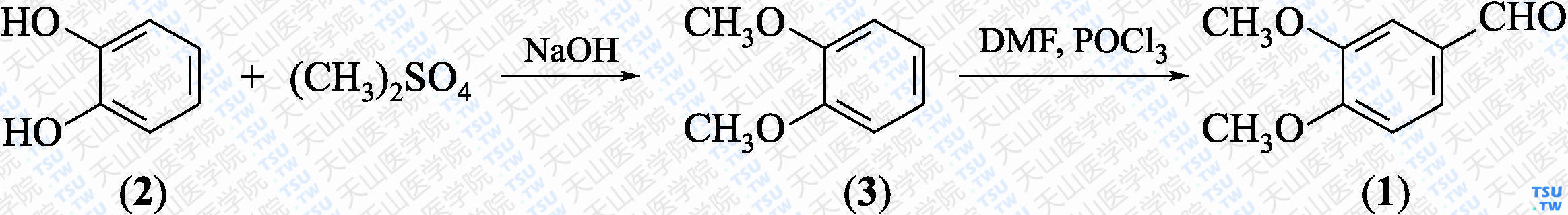 3，4-二甲氧基苯甲醛（分子式：C<sub>9</sub>H<sub>10</sub>O<sub>3</sub>）的合成方法路线及其结构式