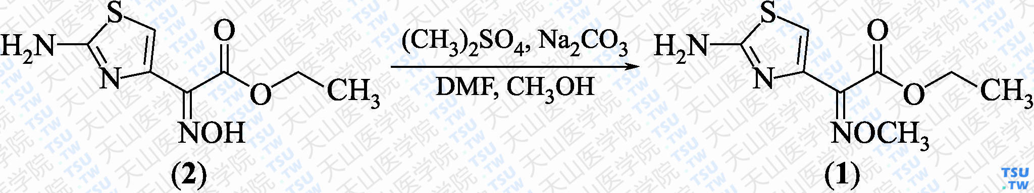 2-（2-氨基噻唑-4-基）-2-（<i>Z</i>）-甲氧基亚氨基乙酸乙酯（分子式：C<sub>8</sub>H<sub>11</sub>N<sub>3</sub>O<sub>3</sub>S）的合成方法路线及其结构式