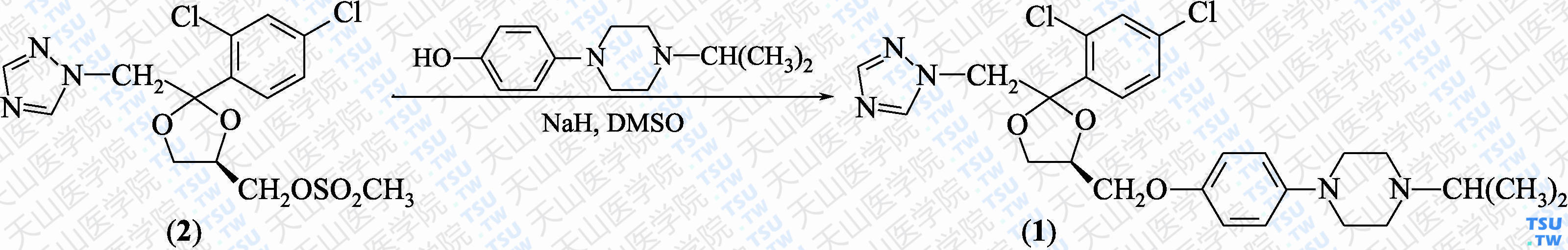 特康唑（分子式：C<sub>26</sub>H<sub>31</sub>Cl<sub>2</sub>N<sub>5</sub>O<sub>3</sub>）的合成方法路线及其结构式
