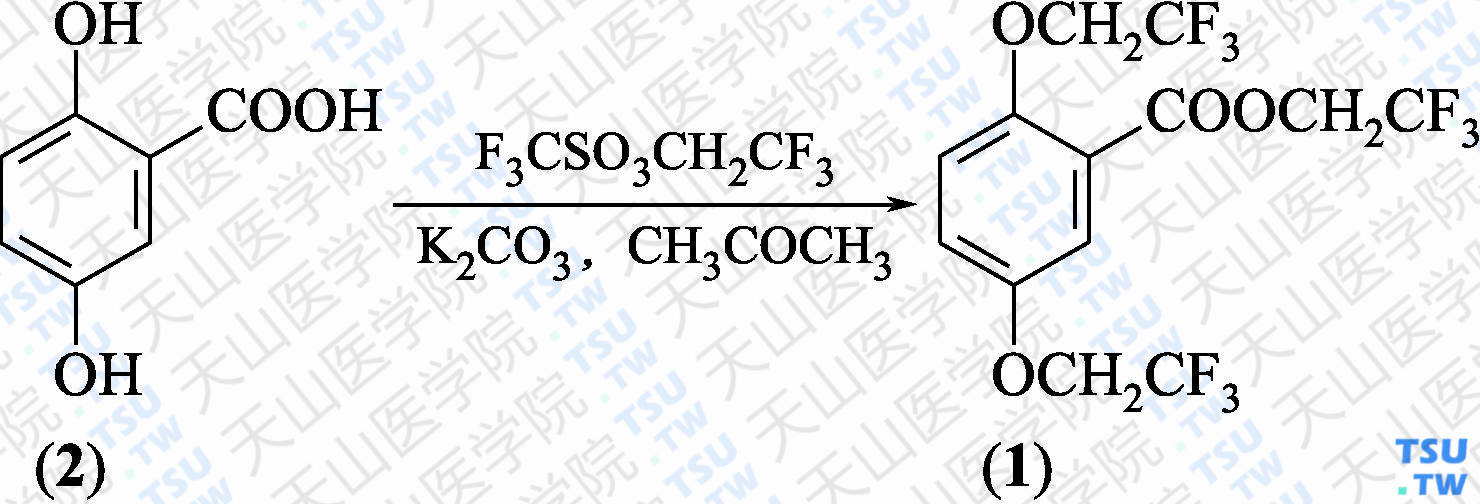 2，5-双（2，2，2-三氟乙氧基）苯甲酸2'，2'，2'-三氟乙酯（分子式：C<sub>13</sub>H<sub>9</sub>F<sub>9</sub>O<sub>4</sub>）的合成方法路线及其结构式
