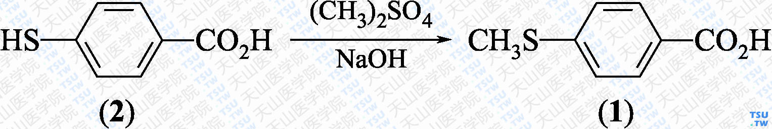 对甲硫基苯甲酸（分子式：C<sub>8</sub>H<sub>8</sub>O<sub>2</sub>S）的合成方法路线及其结构式