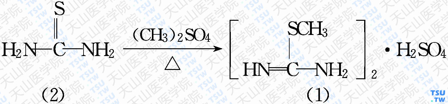 <i>S</i>-甲基异硫脲硫酸盐（分子式：[C<sub>2</sub>H<sub>6</sub>N<sub>2</sub>S]<sub>2</sub>·H<sub>2</sub>SO<sub>4</sub>）的合成方法路线及其结构式