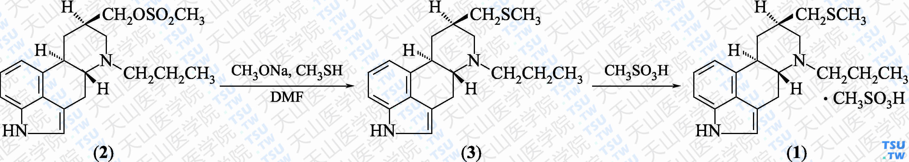 甲磺酸培高利特（分子式：C<sub>19</sub>H<sub>26</sub>N<sub>2</sub>S·CH<sub>3</sub>SO<sub>3</sub>H）的合成方法路线及其结构式