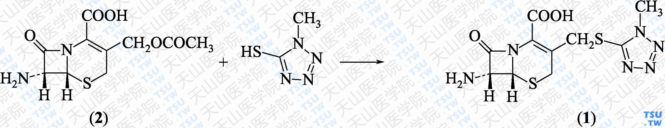 7-氨基-3-（1-甲基-1<i>H</i>-四氮唑-5-基）硫甲基-3-头孢霉烷-4-酸（7-TMCA）（分子式：C<sub>10</sub>H<sub>12</sub>N<sub>6</sub>O<sub>3</sub>S<sub>2</sub>）的合成方法路线及其结构式