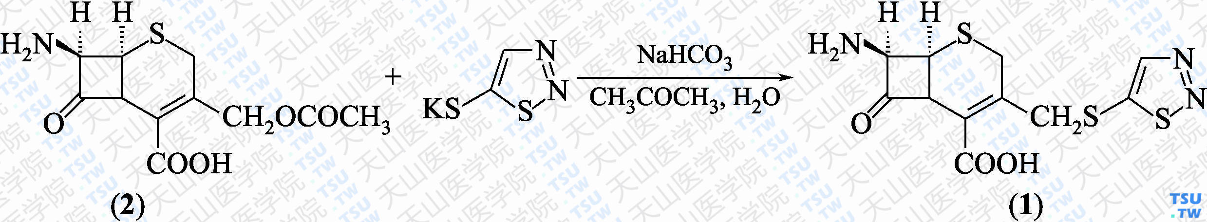 （1<i>S</i>，8<i>R</i>）-4-[（1，2，3-噻二唑-5-基硫）甲基]-8-氨基-7-氧代-2-硫杂双环[4.2.0]辛-4-烯-5-甲酸（分子式：C<sub>11</sub>H<sub>11</sub>N<sub>3</sub>O<sub>3</sub>S<sub>3</sub>）的合成方法路线及其结构式