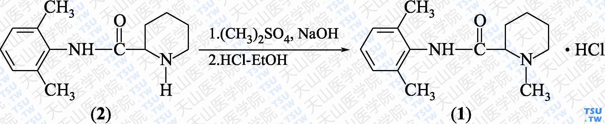 盐酸甲哌卡因（分子式：C<sub>15</sub>H<sub>22</sub>N<sub>2</sub>O·HCl）的合成方法路线及其结构式