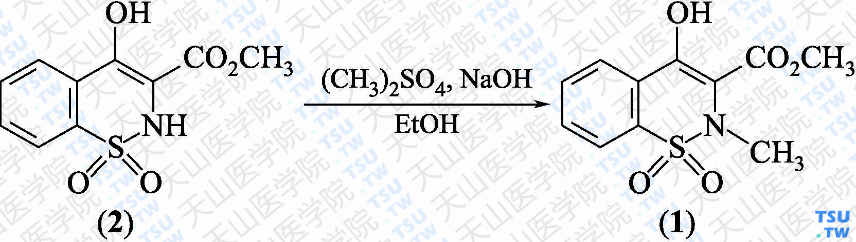 4-羟基-2-甲基-2<i>H</i>-1，2-苯并噻嗪-3-羧酸甲酯1，1-二氧化物（分子式：C<sub>11</sub>H<sub>11</sub>NO<sub>5</sub>S）的合成方法路线及其结构式