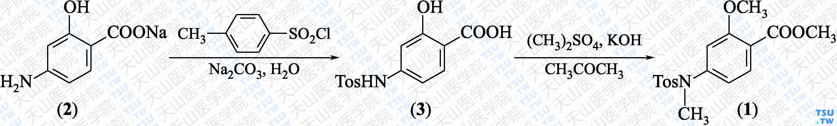 2-甲氧基-4-（<i>N</i>-甲基-<i>N</i>-甲苯磺酰氨基）苯甲酸甲酯（分子式：C<sub>17</sub>H<sub>19</sub>NO<sub>5</sub>S）的合成方法路线及其结构式