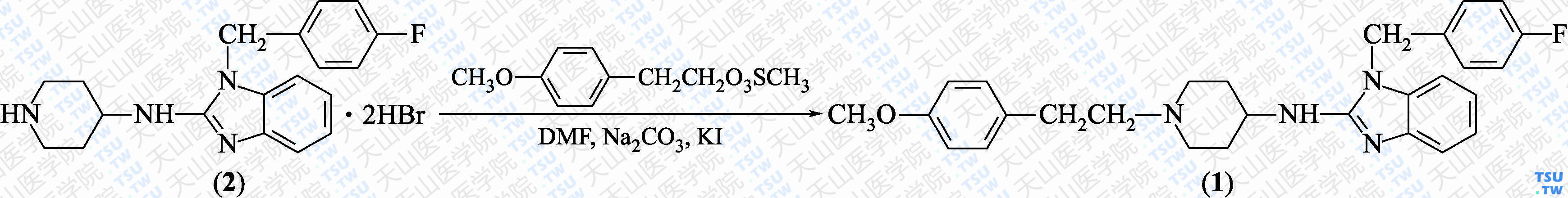 阿司咪唑（分子式：C<sub>28</sub>H<sub>31</sub>FN<sub>4</sub>O）的合成方法路线及其结构式
