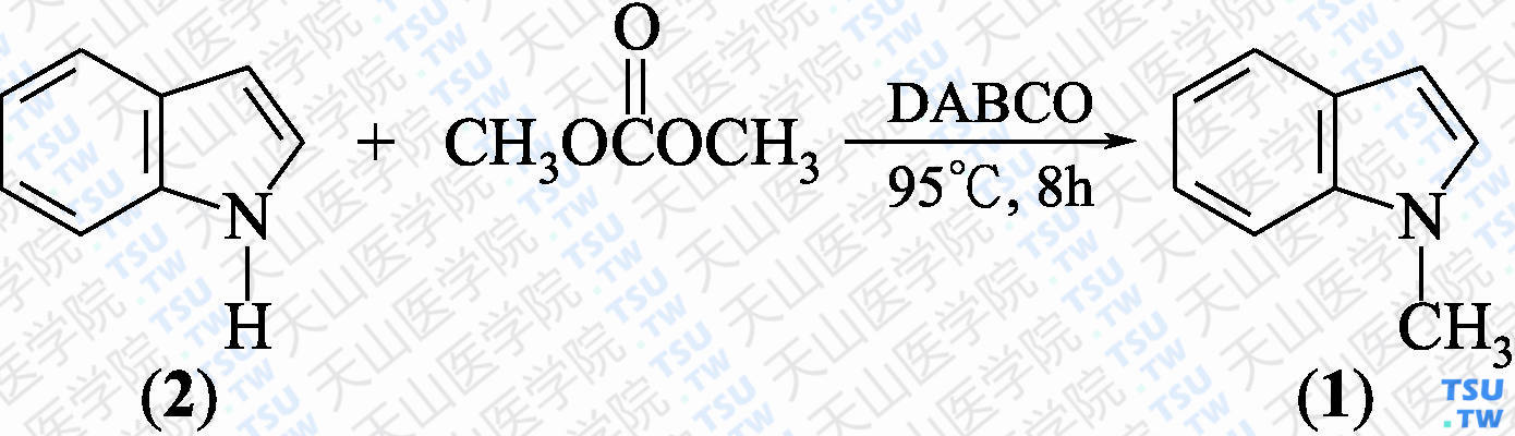 <i>N</i>-甲基吲哚（分子式：C<sub>9</sub>H<sub>9</sub>N）的合成方法路线及其结构式