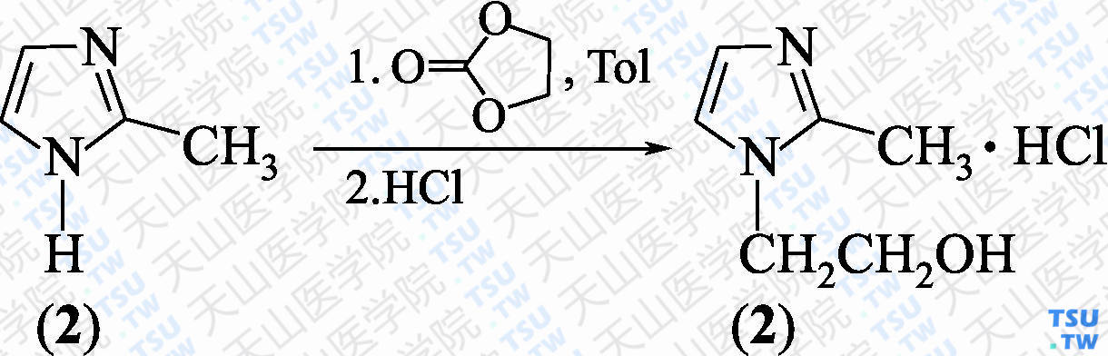 1-（<i>β</i>-羟乙基）-2-甲基咪唑盐酸盐（分子式：C<sub>6</sub>H<sub>10</sub>N<sub>2</sub>O·HCl）的合成方法路线及其结构式