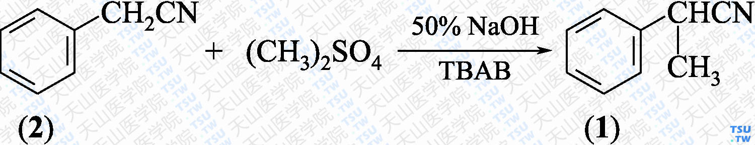 2-苯基丙腈（分子式：C<sub>9</sub>H<sub>9</sub>N）的合成方法路线及其结构式