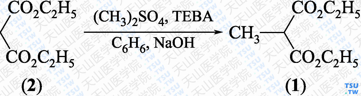 甲基丙二酸二乙酯（分子式：C<sub>8</sub>H<sub>14</sub>O<sub>4</sub>）的合成方法路线及其结构式