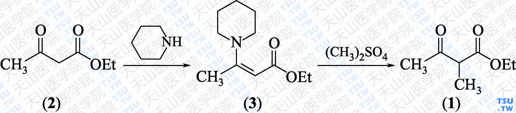 2-甲基乙酰乙酸乙酯（分子式：C<sub>7</sub>H<sub>12</sub>O<sub>3</sub>）的合成方法路线及其结构式
