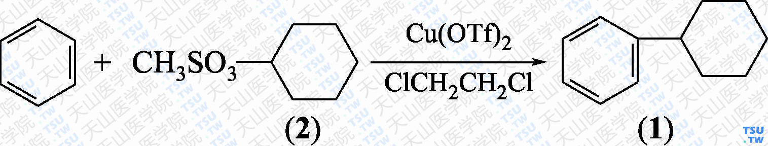 环己基苯（分子式：C<sub>12</sub>H<sub>16</sub>）的合成方法路线及其结构式