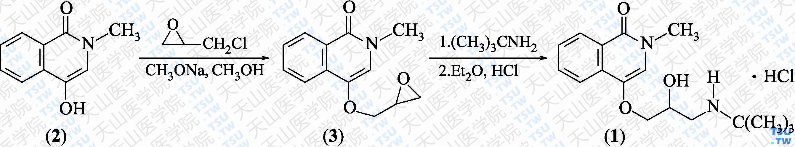 盐酸替利洛尔（分子式：C<sub>17</sub>H<sub>24</sub>N<sub>2</sub>O<sub>3</sub>·HCl）的合成方法路线及其结构式