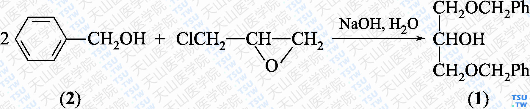 1，3-二-<i>O</i>-苄基丙二醇（分子式：C<sub>17</sub>H<sub>20</sub>O<sub>3</sub>）的合成方法路线及其结构式