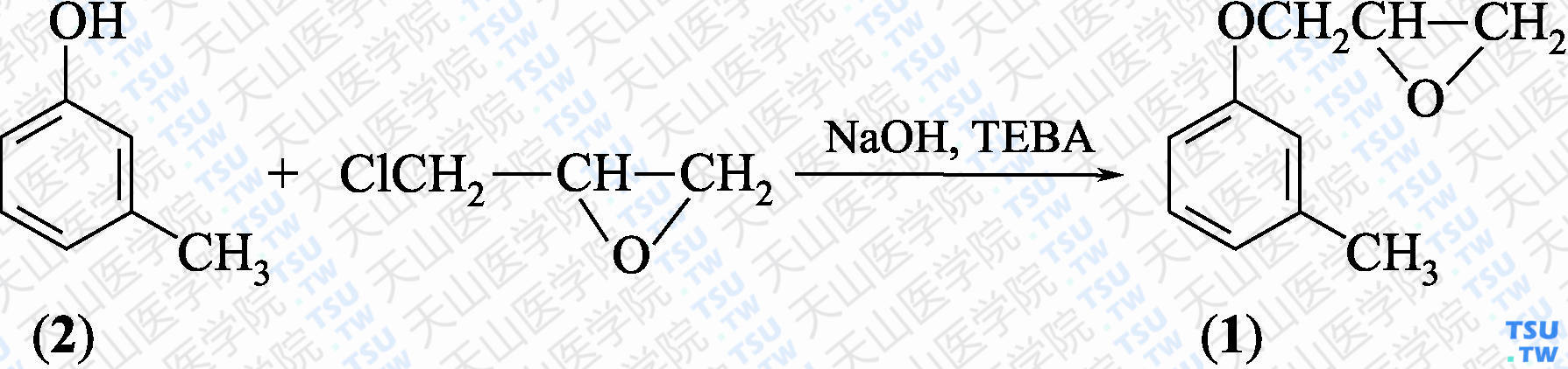 3-间甲苯氧基-1，2-环氧丙烷（分子式：C<sub>10</sub>H<sub>12</sub>O<sub>2</sub>）的合成方法路线及其结构式