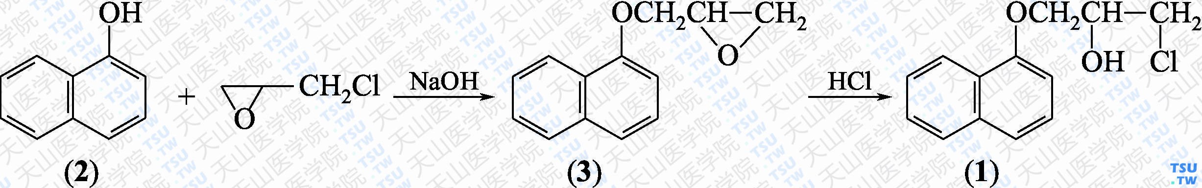 1-氯-3-（<i>α</i>-萘氧基）-2-丙醇（分子式：C<sub>13</sub>H<sub>13</sub>ClO<sub>2</sub>）的合成方法路线及其结构式