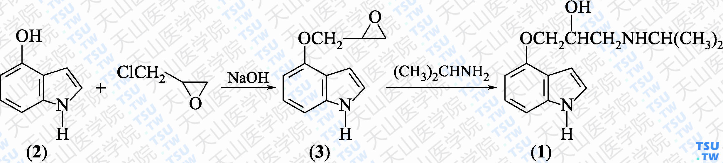 （-）-4-[2-羟基-3-（异丙胺）-丙氧]吲哚（分子式：C<sub>14</sub>H<sub>10</sub>N<sub>2</sub>O<sub>2</sub>）的合成方法路线及其结构式