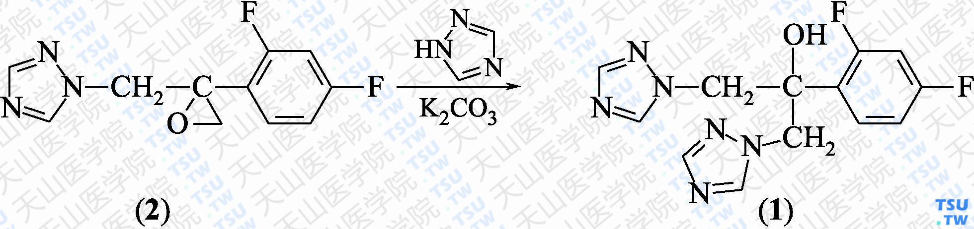 氟康唑（分子式：C<sub>13</sub>H<sub>12</sub>F<sub>2</sub>N<sub>6</sub>O）的合成方法路线及其结构式
