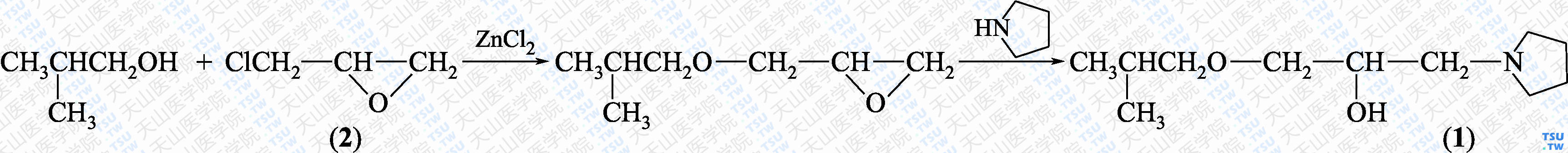 1-异丁氧基-3-（吡咯啉-1-基）丙-2-醇（分子式：C<sub>11</sub>H<sub>23</sub>NO<sub>2</sub>）的合成方法路线及其结构式