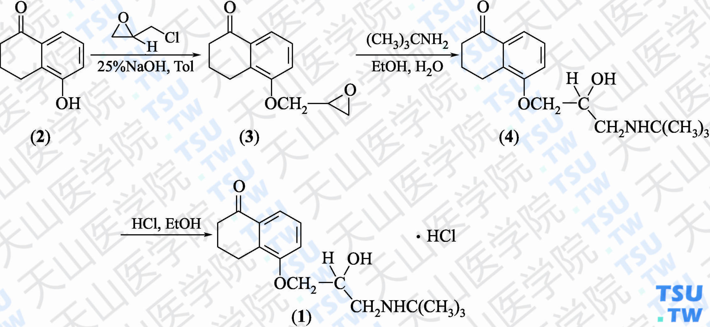 盐酸左布诺洛尔（分子式：C<sub>17</sub>H<sub>25</sub>NO<sub>3</sub>）的合成方法路线及其结构式