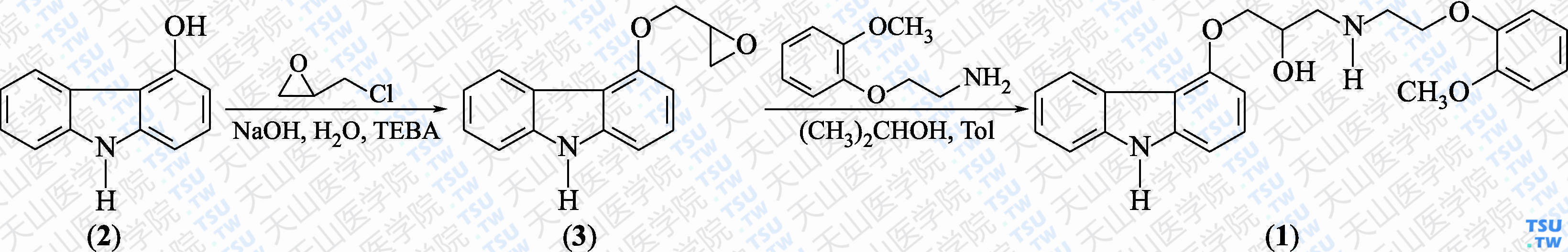 卡维地洛（分子式：C<sub>24</sub>H<sub>26</sub>N<sub>2</sub>O<sub>4</sub>）的合成方法路线及其结构式