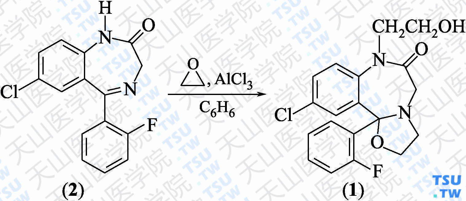 氟他唑仑（分子式：C<sub>19</sub>H<sub>18</sub>ClFN<sub>2</sub>O<sub>3</sub>）的合成方法路线及其结构式