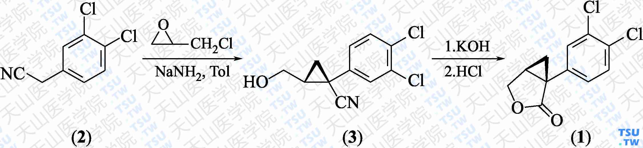 （1<i>R</i>，2<i>S</i>）-1-（3，4-二氯苯基）-3-氧杂二环[3，1，0]己-2-酮（分子式：C<sub>11</sub>H<sub>8</sub>Cl<sub>2</sub>O<sub>2</sub>）的合成方法路线及其结构式