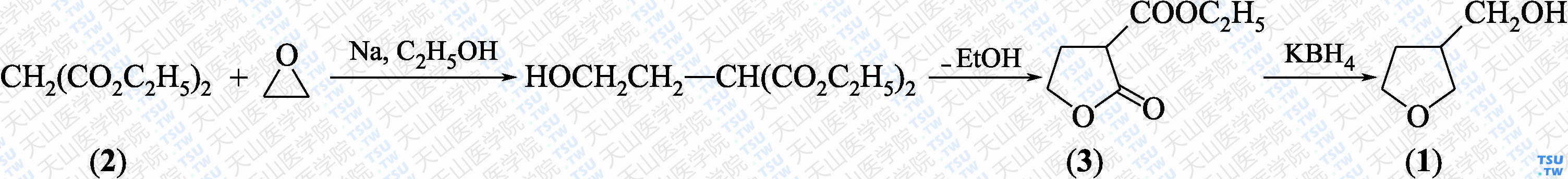 3-羟甲基四氢呋喃（分子式：C<sub>5</sub>H<sub>10</sub>O<sub>2</sub>）的合成方法路线及其结构式