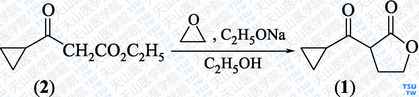 <i>α</i>-环丙羰基-<i>γ</i>-丁酸内酯（分子式：C<sub>8</sub>H<sub>10</sub>O<sub>3</sub>）的合成方法路线及其结构式