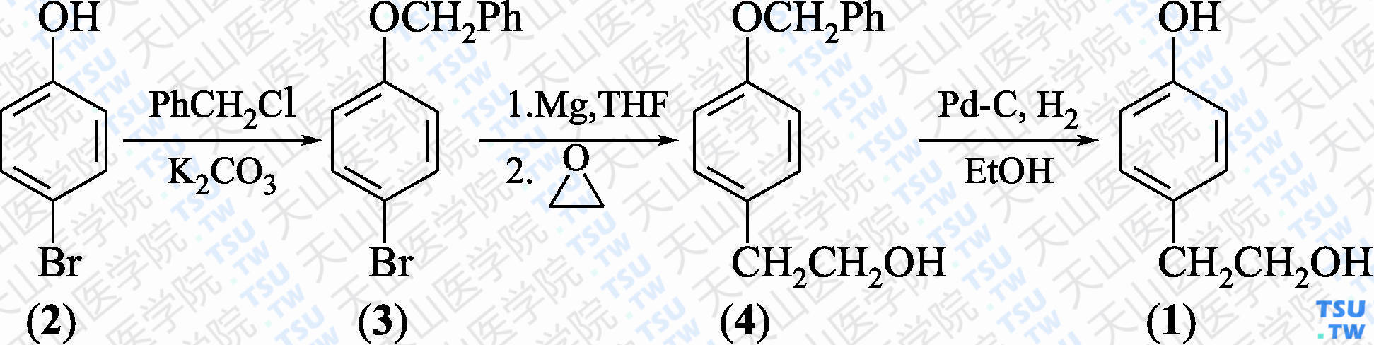 对羟基苯乙醇（分子式：C<sub>8</sub>H<sub>10</sub>O<sub>2</sub>）的合成方法路线及其结构式