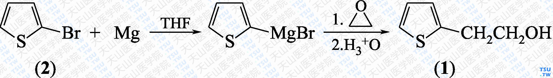 2-噻吩乙醇（分子式：C<sub>6</sub>H<sub>8</sub>OS）的合成方法路线及其结构式