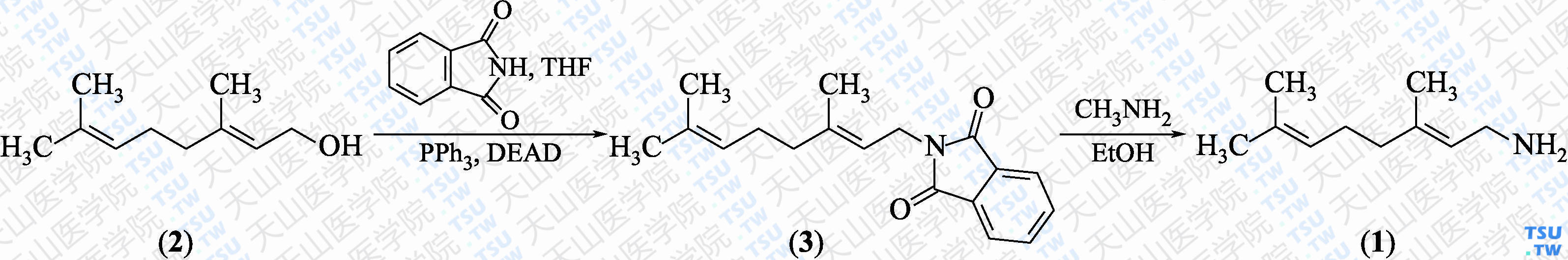 香叶胺（分子式：C<sub>10</sub>H<sub>19</sub>N）的合成方法路线及其结构式