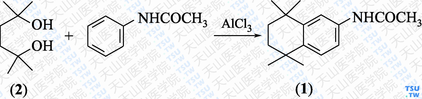 1，2，3，4-四氢-1，1，4，4，-四甲基-6-乙酰氨基萘（分子式：C<sub>16</sub>H<sub>23</sub>NO）的合成方法路线及其结构式