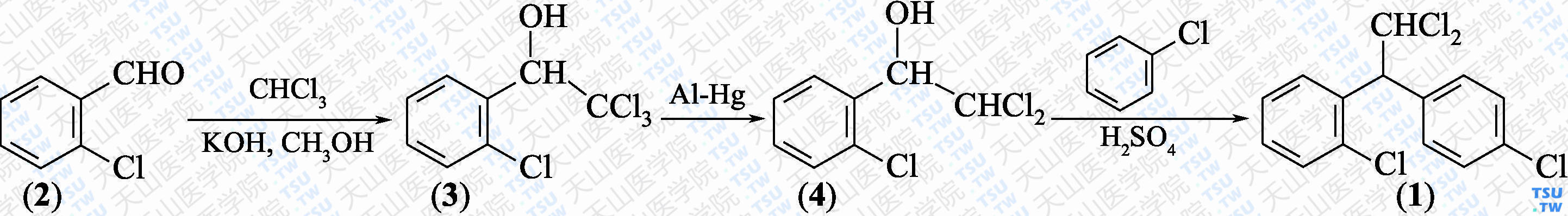 米托坦（分子式：C<sub>14</sub>H<sub>10</sub>Cl<sub>4</sub>）的合成方法路线及其结构式