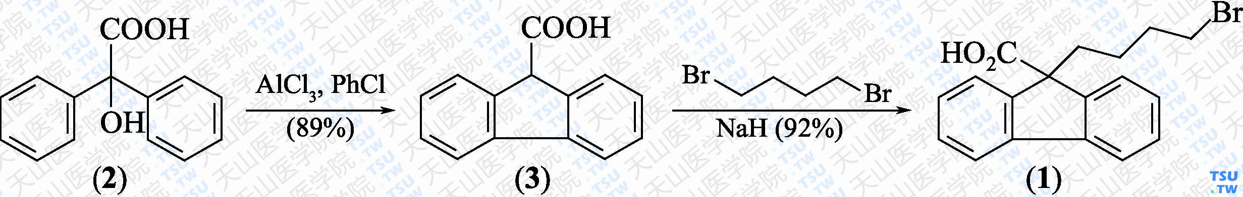9-（4-溴丁基）-9-芴甲酸（分子式：C<sub>18</sub>H<sub>17</sub>BrO<sub>2</sub>）的合成方法路线及其结构式